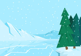 Winter landscape with christmas tree mountain frozen nature wallpaper beautiful natural vector illustration.