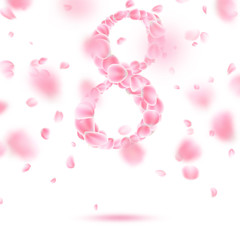Eight March with falling flower petals. EPS 10 vector