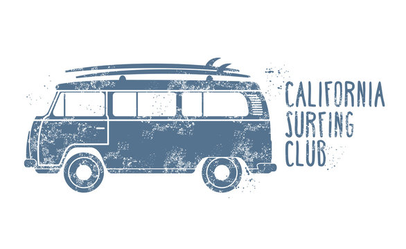 Retro van with surfboards on roof - vintage minibus, summer vacation