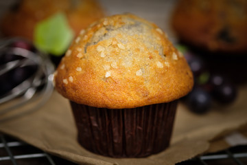 Still life blueberry muffins in a rustic style.