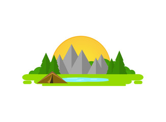 tent, mountains, trees, trees, sun and lake. Rest on the wild.