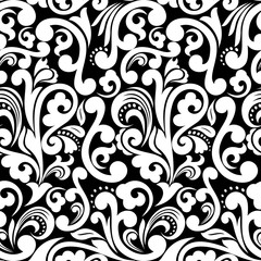 Seamless black background with white pattern in baroque style. Vector retro illustration. Ideal for printing on fabric or paper.