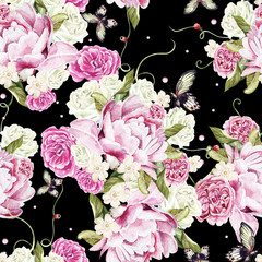 Beautiful watercolor pattern with peony and rose flowers. Butterflies and green leaves.