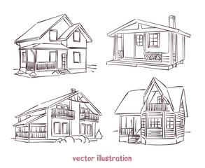 vector sketch set of wooden house