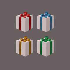    Set of white gift boxes with gold, red, blue, green ribbon bows on a dark background. Black friday cyber monday eps10 isolated vector illustration