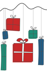 hanging gifts on ropes. colorful gift boxes. white background. greetings card with new year and christmas.