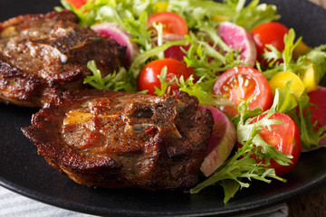 roasted lamb steak and fresh vegetable salad close-up on a plate. horizontal