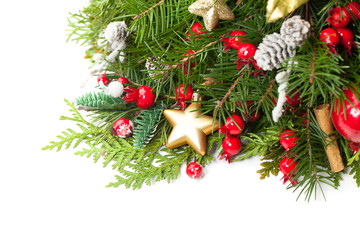 Fototapeta na wymiar Christmas Background with Xmas Decoration, Xmas Tree Twig, Golden Glitter Star on White. New Year Background with Copy Space
