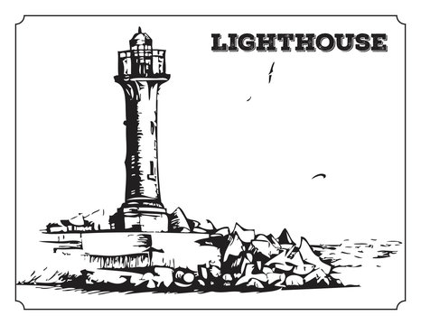 Vector image of lighthouse. Black and white illustration. Coast. Seamark.