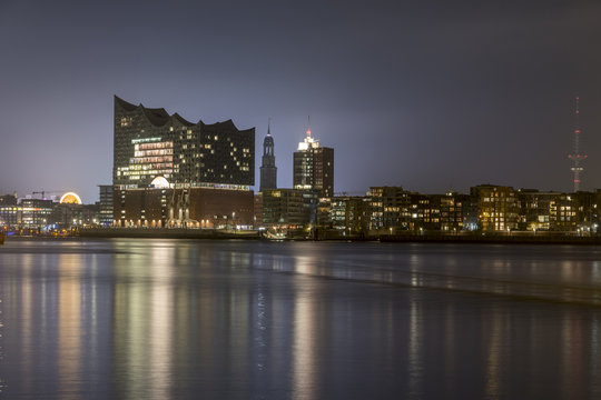 nightly panorama of the harbor of Hamburg Germany