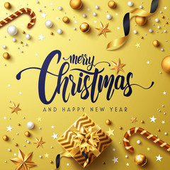 Merry Christmas and Happy New Years Golden Poster with golden gift box,ribbon and christmas decoration elements.Vector illustration EPS10