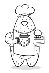 a bear in an apron holds a teapot with hot coffee,cartoon character,bear-cook, vector image,black and white picture