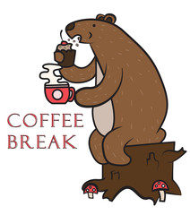 the bear eats a cupcake and drinks a fragrant drink,coffee break, vector image, cartoon character