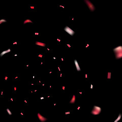 Fototapeta na wymiar Red confetti explosion celebration isolated on black background. Falling confetti. Abstract decoration party, birthday celebrate or Christmas, New Year confetti decor Vector illustration