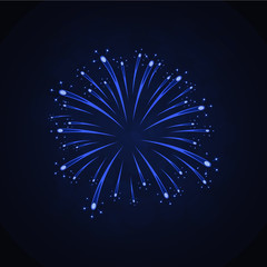 Beautiful blue firework. Bright firework isolated on black background. Light blue decoration firework for Christmas, New Year celebration, holiday, ffestival, birthday card Vector illustration