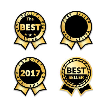 Ribbon awards best seller set. Gold ribbon award icons isolated white background. Bestseller golden tags sale label, badge, medal, guarantee quality product, certificate. Vector illustration
