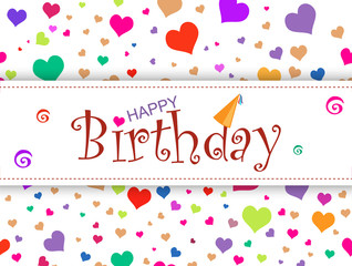 horizontal design template card. Happy birthday on abstract colorful background with hearts confetti. Vector illustration for flyers, invitation, brochure, banners. 