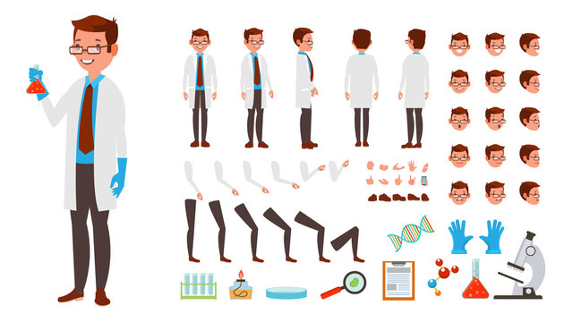 Scientist Man Vector. Animated Character Creation Set. Full Length, Front, Side, Back View, Accessories, Poses, Face Emotions, Hairstyle, Gestures. Isolated Flat Cartoon Illustration