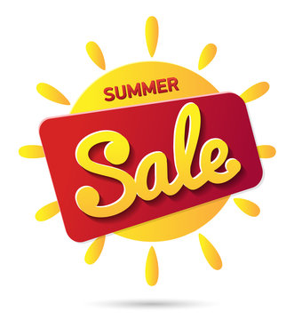The yellow sun with the summer sale text isolated on white background. Vector illustration elements for poster, banner or flyers, summer sale.  
