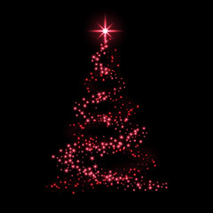 Fototapeta na wymiar Christmas tree card background. Red Christmas tree as symbol of Happy New Year, Merry Christmas holiday celebration. Sparkle light decoration. Bright shiny star Vector illustration