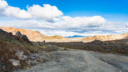 road in Laugahraun volcanic lava field in Iceland