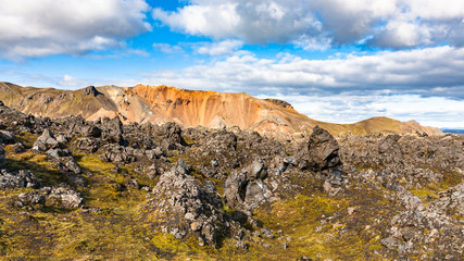 view of Laugahraun volcanic lava field in Iceland