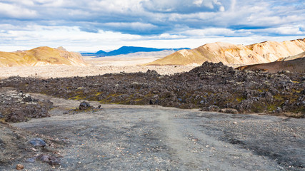 trail in Laugahraun volcanic lava field in Iceland