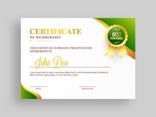 Certificate of membership template with green and golden design and badge.