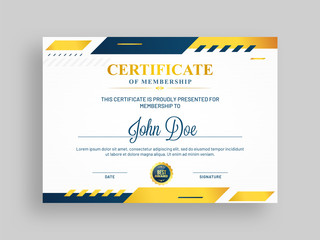 Certificate of membership template with blue and golden design and badge.