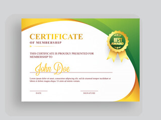 Certificate of membership template with green and golden design and badge.