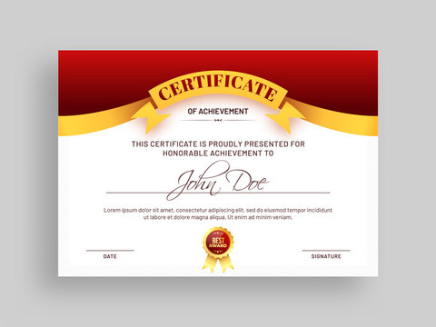 Certificate of achievement template with red and golden design and badge.