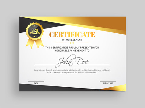 Certificate of achievement template with grey and golden design and badge.