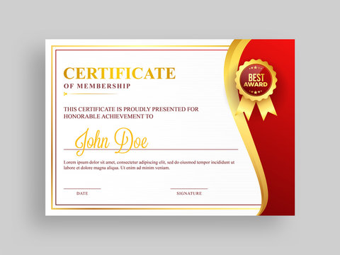 Certificate of membership template with red and golden design and badge.