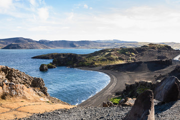Fototapeta na wymiar volcanic coast of Kleifarvatn lake in Iceland