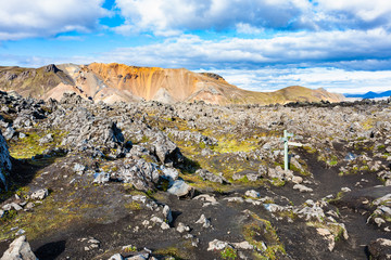 Fototapeta na wymiar waymark at Laugahraun lava field in Iceland