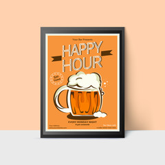 Happy Hour template with beer mug for web, poster, flyer, invitation to party in yellow colors. Vintage style.