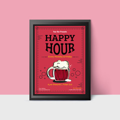Happy Hour template with beer mugs for web, poster, flyer, invitation to party in pink colors. Vintage style.