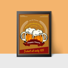 Happy Hour template with beer mugs for web, poster, flyer, invitation to party in yellow colors. Vintage style.
