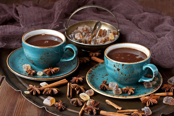 Mug with hot chocolate  on wooden table
