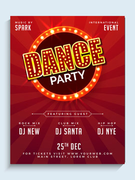 Red Dance Party Flyer or Poster Design with marquee lights.