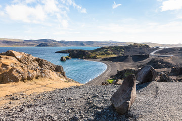 volcanic coastline of Kleifarvatn lake in Iceland