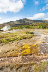 Haukadalur geyser area in Iceland in autumn