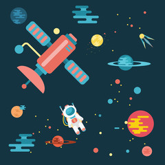 Astronaut in space, planets, satellite, flat style.