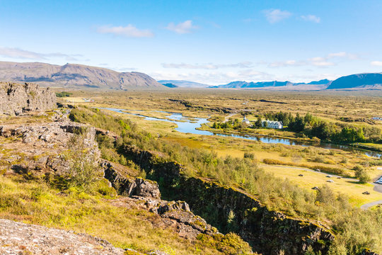 view of rift valley with fault in Thingvellir park