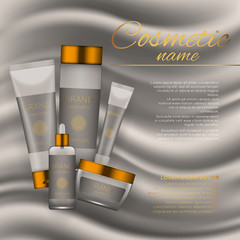 Vector 3D cosmetic illustration on a soft silk background. Beauty realistic cosmetic product design template.