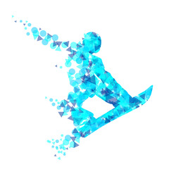 Silhouette of a racing snowboarder in a jump.