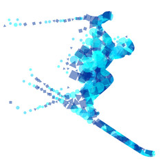 Silhouette of a racing mountain skier in a jump.