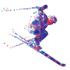 Silhouette of a racing mountain skier in a jump.