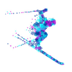 Silhouette of a racing mountain skier in a jump.