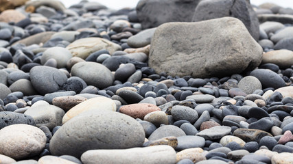 boulders on surface on Reynisfjara beach in Vik